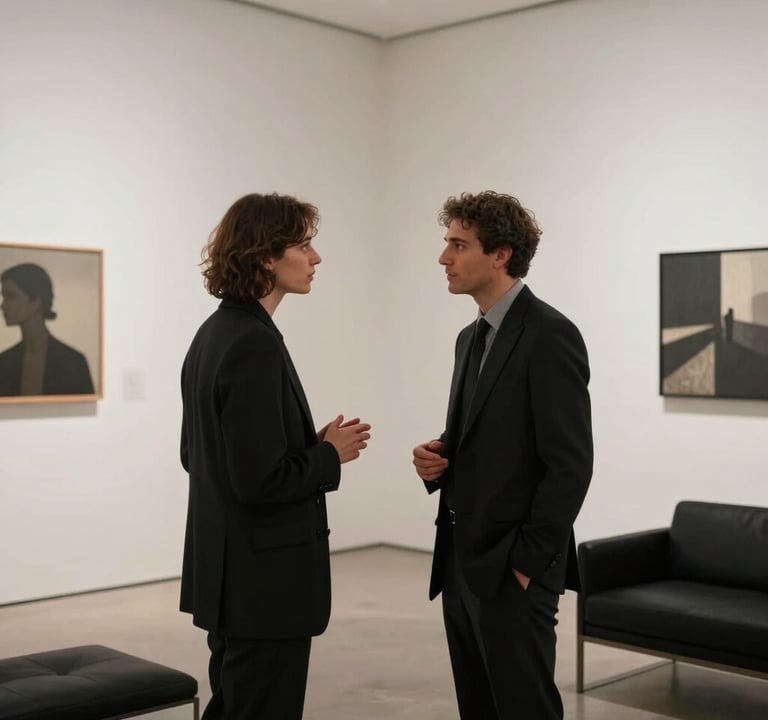 Sophisticated medium shot of two people in evening wear, having a conversation in a high-end gallery space. Minimalist decor, white walls, black furniture. Soft shadows, premium cinematic look. Global / Hispano context.