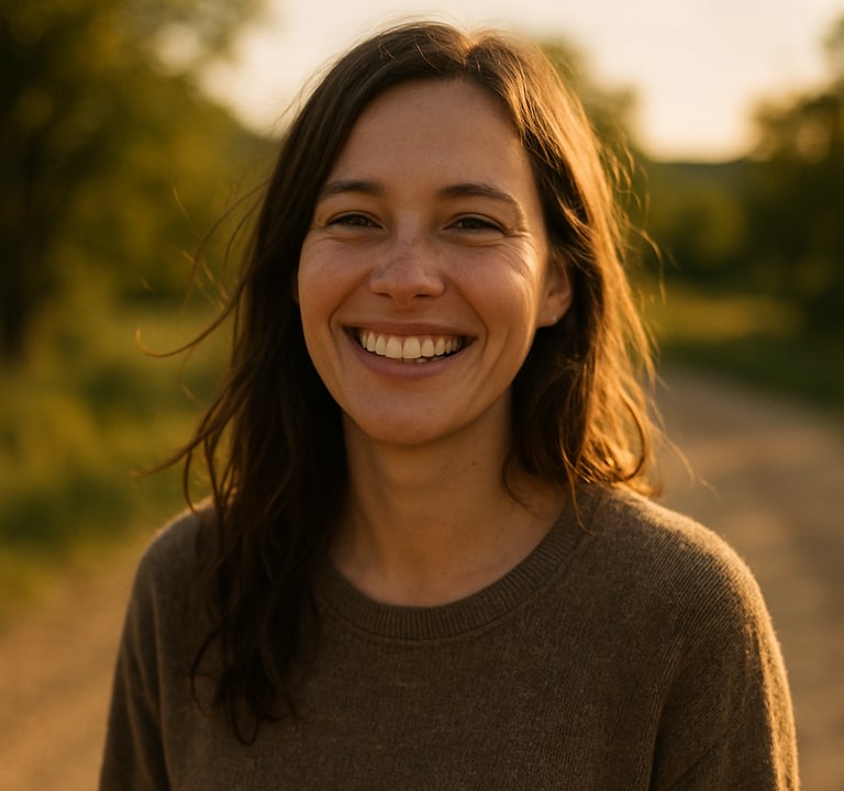 A warm, candid portrait of a woman in an outdoor North American setting. The style is lifestyle photography with sun-drenched lighting and cinematic depth of field, highlighting a friendly and authentic mood.