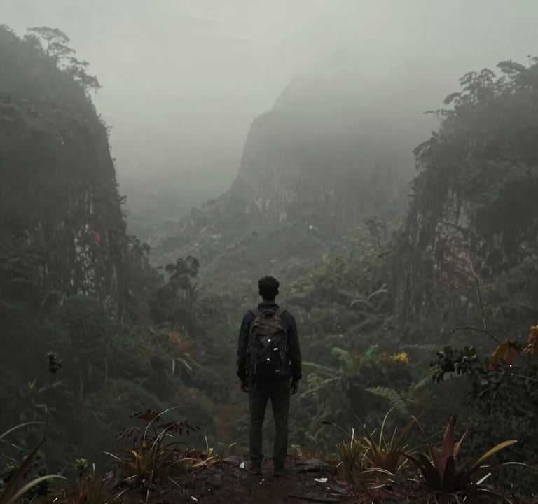 A moody, atmospheric shot of a lone traveler looking out over a misty jungle valley. The composition is minimalist, with a dark #2A362B foreground and a soft, fog-filled background. The image evokes deep emotional connection and a sense of wonder.