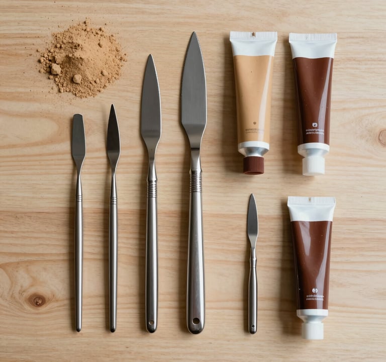 An overhead flat-lay photograph in a modern artist's workshop. Several stainless steel palette knives of various shapes are arranged neatly next to tubes of acrylic paint in warm sand and espresso brown tones. The surface is light-colored wood. North American aesthetic.