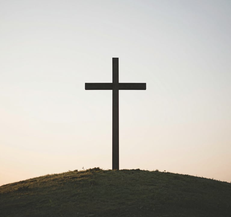 A silhouette of a simple wooden cross standing on a hilltop at sunrise. The sky is a soft gradient of #F5F2EC and light grey, with the ground in a muted #4C6A65 green. The composition is clean, trustworthy, and evokes a sense of deep peace and spiritual inspiration.