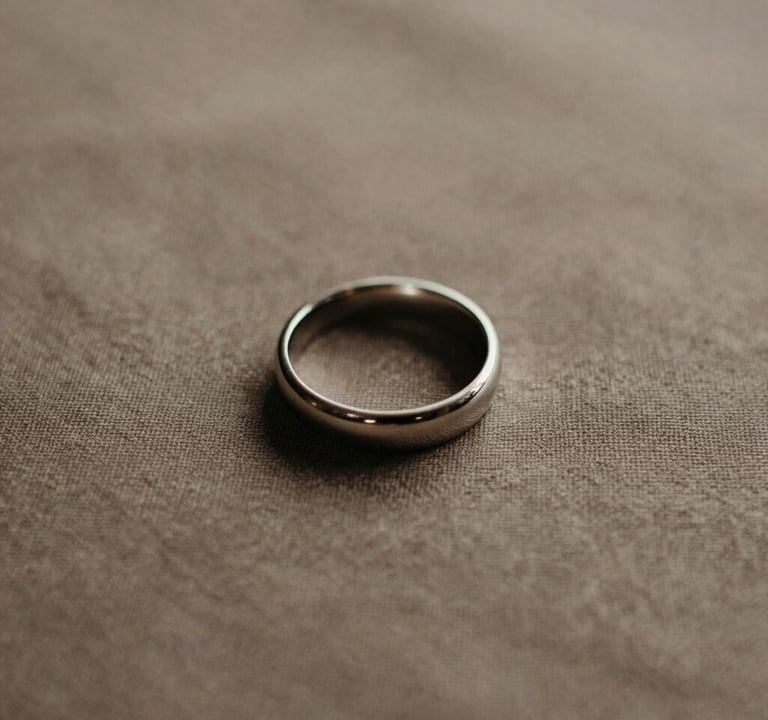 A minimalist detail shot of a wedding ring resting on a textured warm taupe fabric. The lighting is soft side-light, creating gentle shadows. The palette consists of dark charcoal, warm taupe, and soft off-white, embodying a serene and sophisticated artistry.
