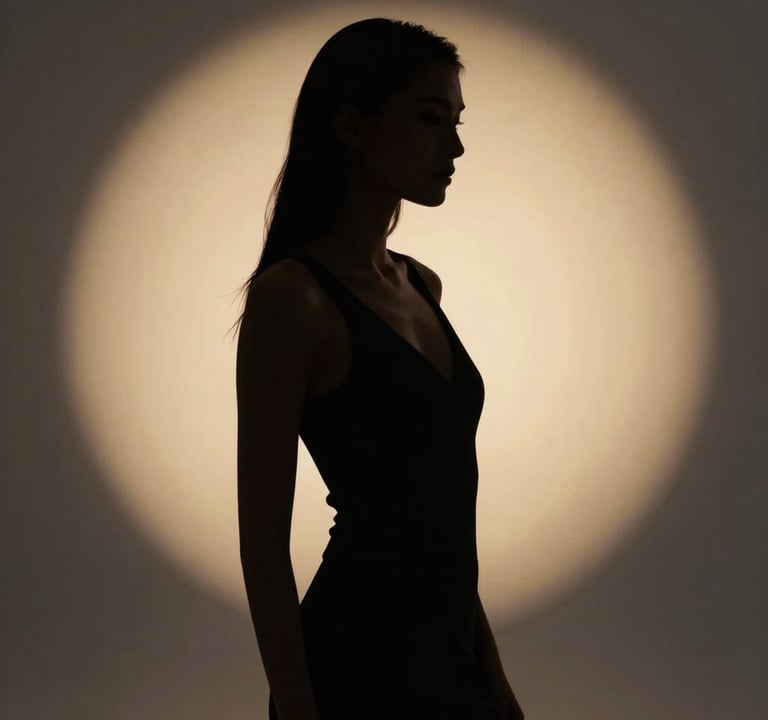 A dramatic silhouette of a model captured during a high-end North American / US media shoot. The background features a glowing muted gold backlight and soft charcoal grey shadows, exuding a premium and artistic cinematic mood.