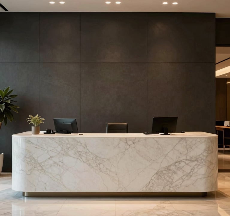 A luxury reception area in a corporate building in Brazil. The scene features a sleek front desk made of off-white marble against a charcoal background. The lighting is warm and indirect, creating a sophisticated and professional South American architectural vibe.