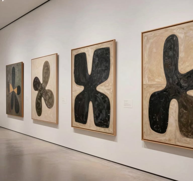 A wide-angle, cinematic photograph of an art gallery wall. Several abstract canvases hang, each featuring organic shapes and soulful textures in a mix of dark charcoal and warm sand. The flooring is a light off-white, reflecting the gallery's serene atmosphere.