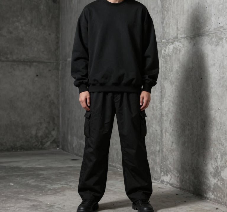 A fashion portrait of a person in high-end black streetwear standing in a concrete alley, dramatic side lighting, charcoal and soft mist palette, minimalist and bold.