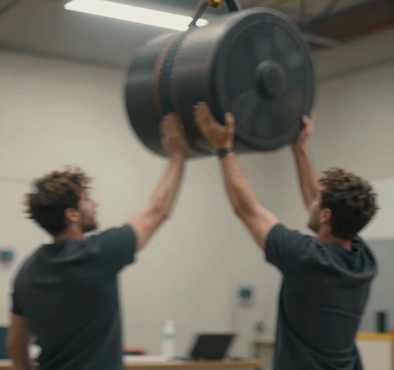 Action photography of a heavy material being lifted or moved. Motion blur suggests high energy. Cinematic lighting from above. Palette dominated by #1A1A1A and #F5F5DC with sharp highlights.