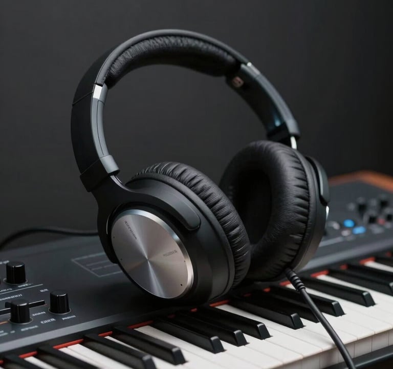 A moody studio shot featuring premium headphones and a synthesisers. Low-key lighting with #2C2D3B shadows and #E0E0EB highlights on the hardware edges. Reflects a sophisticated production aesthetic.