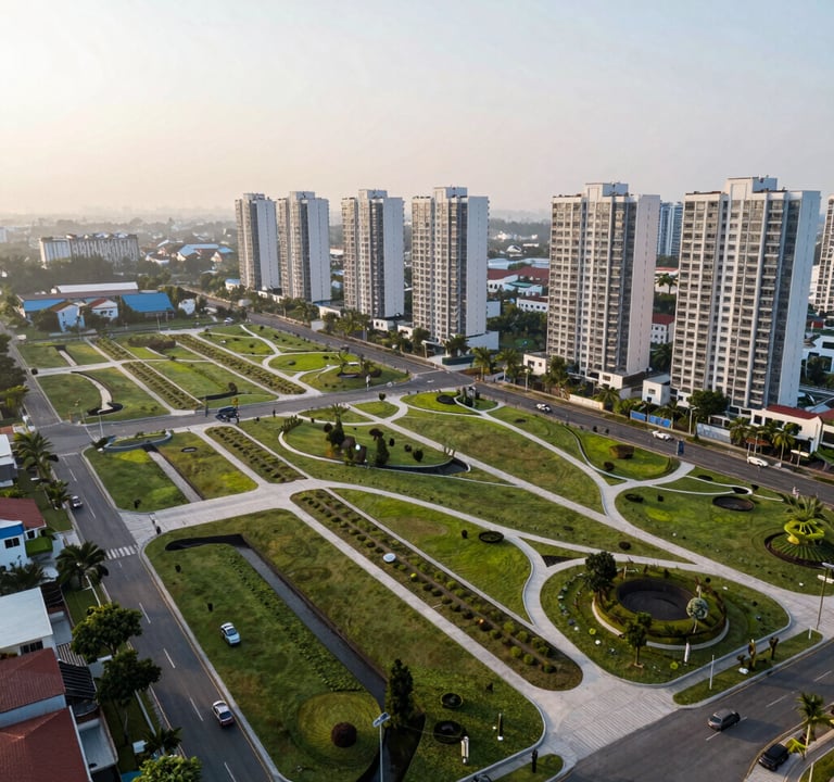 A wide-angle landscape photograph of an Indonesian urban residential area featuring integrated green spaces and infiltration systems. Soft morning light, clean and modern infrastructure, showcasing a successful civil engineering project.