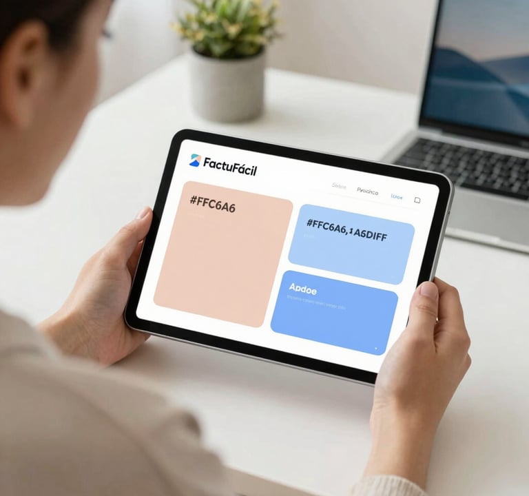 A lifestyle shot of a happy freelancer using a digital tablet in a bright studio. The screen shows the FactuFácil app with its signature pastel palette of #FFC6A6 and #A6D1FF. The atmosphere is warm, human, and professional.