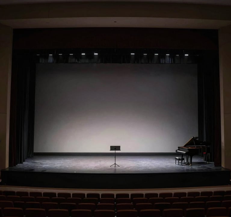 A wide, cinematic shot of a minimalist music performance stage in a North American city. The space is dark and elegant with charcoal accents and soft gray backlighting that creates a sense of scale and professional prestige.