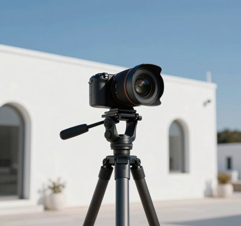 A minimalist photography prompt focusing on a 360-degree camera setup on a sleek tripod against a backdrop of white Bodrum-style architecture and a clear blue sky. Professional, modern, and high-tech feel.