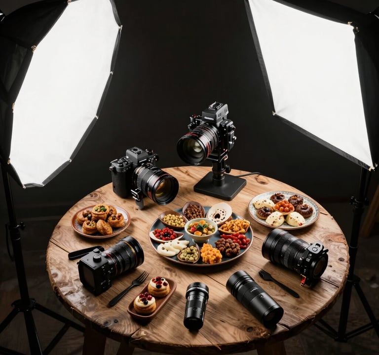 Overhead shot of a photography lighting setup around a rustic table with Middle Eastern / Arabic artisanal food, dark and light contrasts, professional gear, cinematic mood.