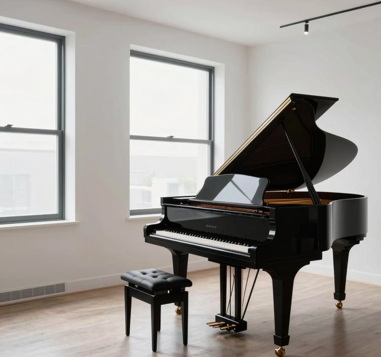 An interior photograph of a modern North American / US vocal studio. The room is minimalist with white walls, a sleek black grand piano, and soft natural light from large windows, conveying a sense of artistic integrity.