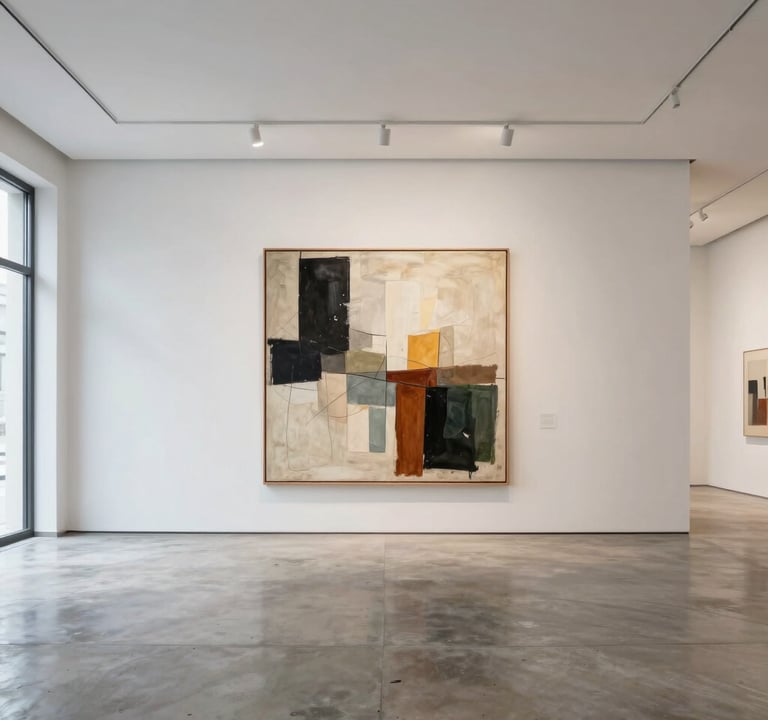 Wide angle photography of a bright minimalist gallery in Latinoamericano / Español, featuring a large abstract artwork on an off white wall, polished concrete floor, elegant architectural lighting.
