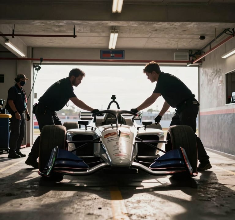Low-angle dynamic shot of an IndyCar being serviced during a pit stop in a North American race, mechanics in synchronized motion, dramatic backlighting creating silhouettes against the off-white concrete of the pit box, high-speed photography style.