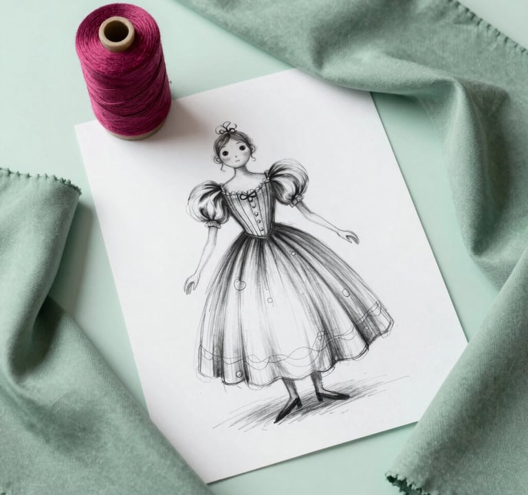 An overhead flat-lay photograph on a pale mint surface in a Western / Global studio. The composition includes a hand-drawn charcoal sketch of a whimsical dress, a spool of dark magenta thread, and several sage green fabric swatches. Professional, creative workspace lighting.