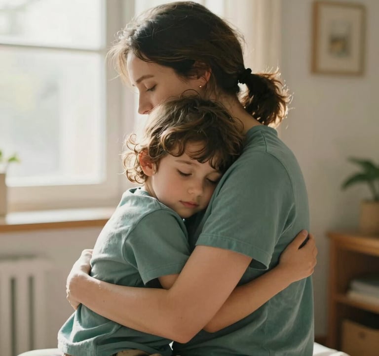 A medium shot of a mother hugging her child in a sunlit room. The mother's shirt is a soft teal green. The lighting is ethereal and warm, focusing on the genuine human connection.