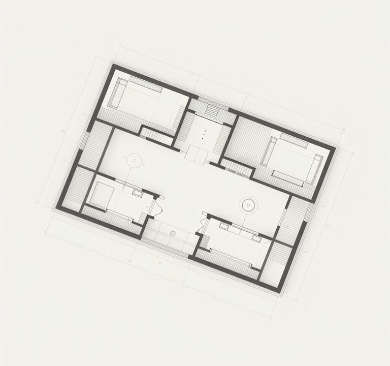 A clean, technical architectural drawing or site plan of a building's ground floor. Precise #2F2E2E lines on a #FBF9F6 background. Minimalist and professional, showcasing the project's structural planning and precision.