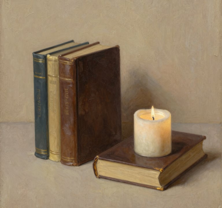 An elegant still-life oil painting of books and a candle, rendered in a sophisticated North American style with warm light beige and dark brown tones.