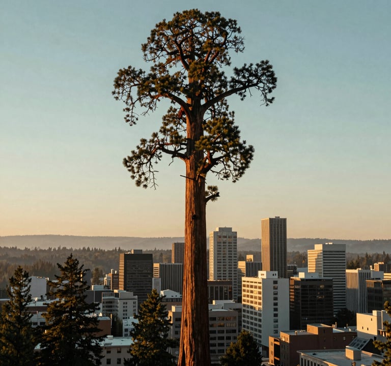 A serene aerial view of a Giant Sequoia rising like a natural skyscraper above the Eugene urban skyline. The sunset in the US Pacific Northwest casts a warm glow, reflecting muted steel blue and misty pale green tones in the sky. Calm, majestic mood.