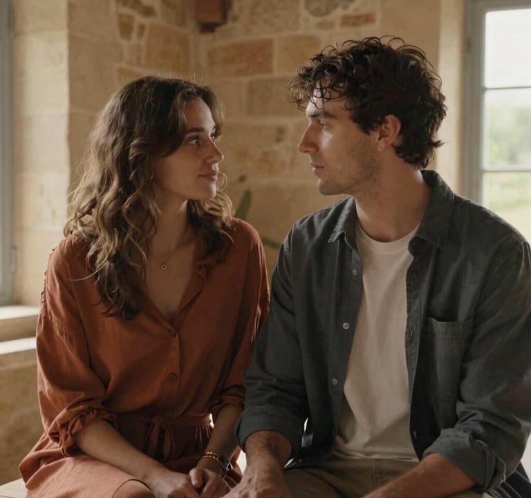 A cinematic portrait of a couple in a quiet moment, looking at each other. Soft, sun-bathed interior of a European / French stone house. Earthy tones of terracotta and charcoal. Warm, intimate atmosphere with natural lighting.