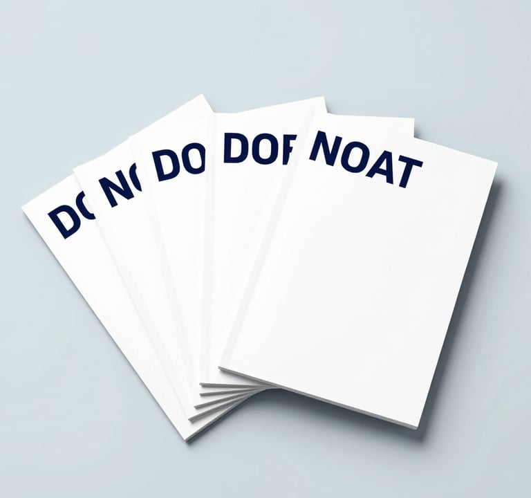 A series of three minimalist brand brochures fanned out on a clean #ECF0F1 background. The brochures feature bold sans-serif typography and large white spaces. The color palette includes highlights of #0A1118. Bright, airy, and modern graphic design style.