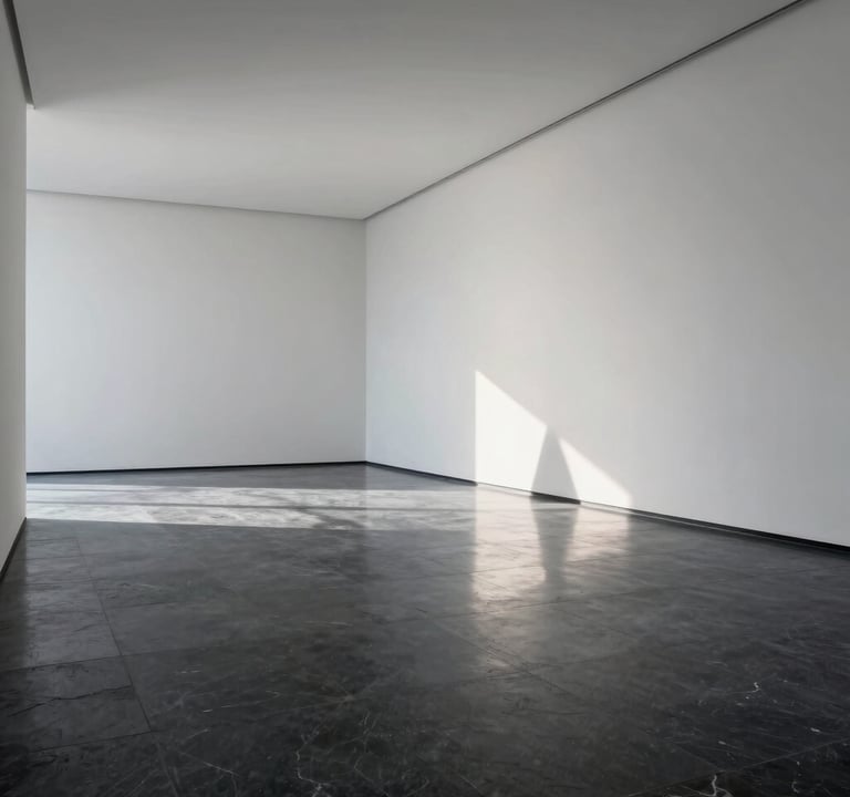 A wide interior shot of a minimalist gallery space. The floors are polished dark slate, reflecting the pale ice white walls. The room is empty except for one geometric sculpture that casts a long, thin shadow.