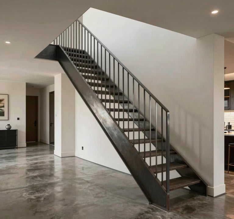 Wide-angle interior shot of a modern home featuring the full steel staircase. The flooring is polished concrete. The atmosphere is sophisticated and professional, showcasing the structure's physical presence in the space.