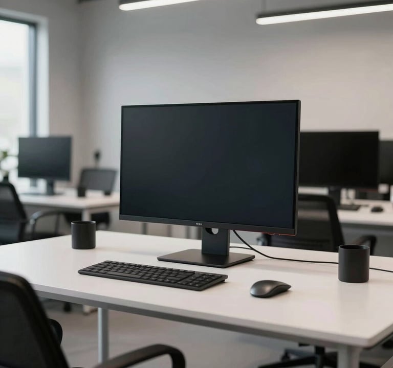 A wide shot of a contemporary professional workspace in the US, featuring a large high-resolution monitor on a cloud white desk, surrounded by sophisticated, minimalist decor.
