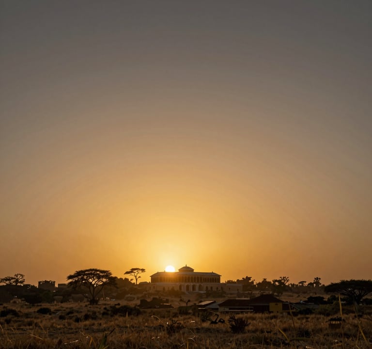Wide-angle landscape shot of a lush African horizon at sunset, silhouetting a traditional palace structure. The sky is a mix of #A88B57 gold and deep dark tones, establishing an epic scale for the production.