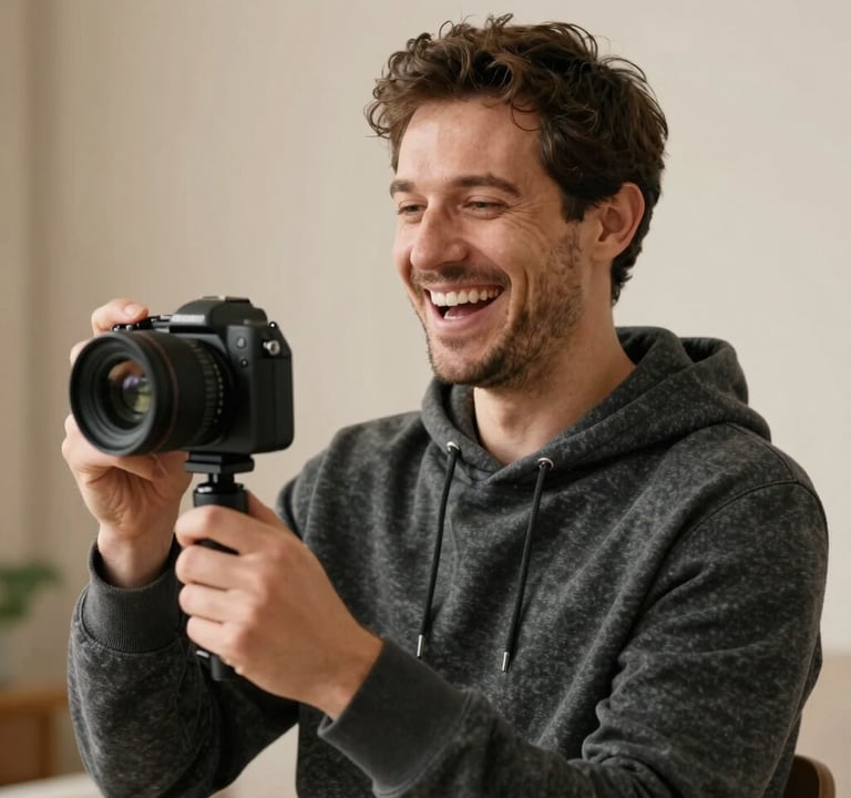 A candid portrait of a man with a creative, relaxed look, wearing a charcoal hoodie, holding a 360 camera and laughing, warm cream indoor lighting, soft focus background.