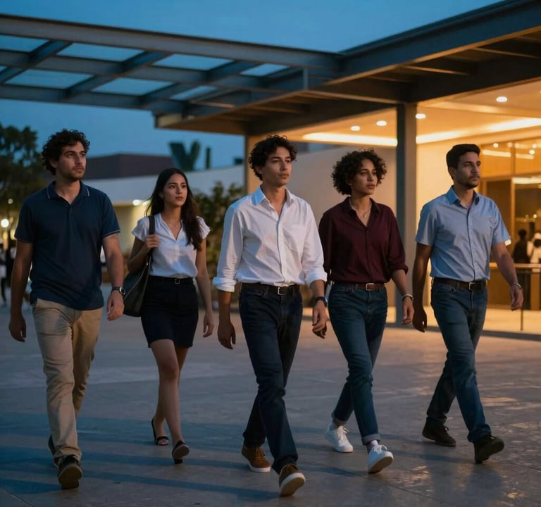A group of young professionals walking through a modern Latin American / Hispanic plaza at dusk, candid motion blur, cinematic lighting with steel blue and warm orange accents.