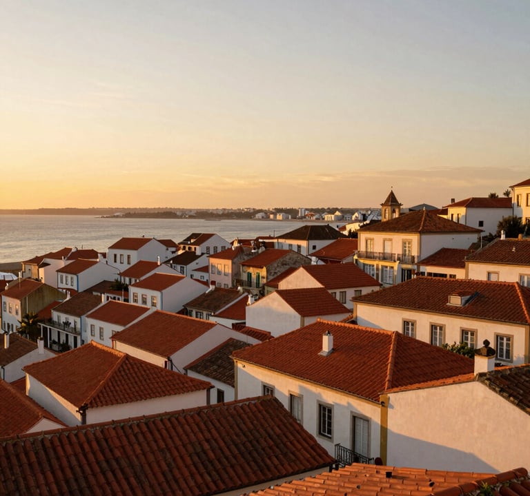 Wide-angle cinematic shot of a sunset over a Portuguese coastal town, with terracotta rooftops glowing under a soft, golden sky. The atmosphere is peaceful and evokes a sense of home and authenticity.