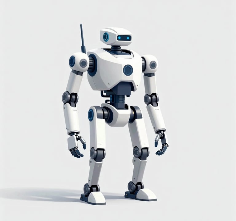 Minimalist character concept sketch of a mechanical robotic explorer, clean industrial design, professional line work, using brand colors #3F516B and #1A202C on a light grey background.