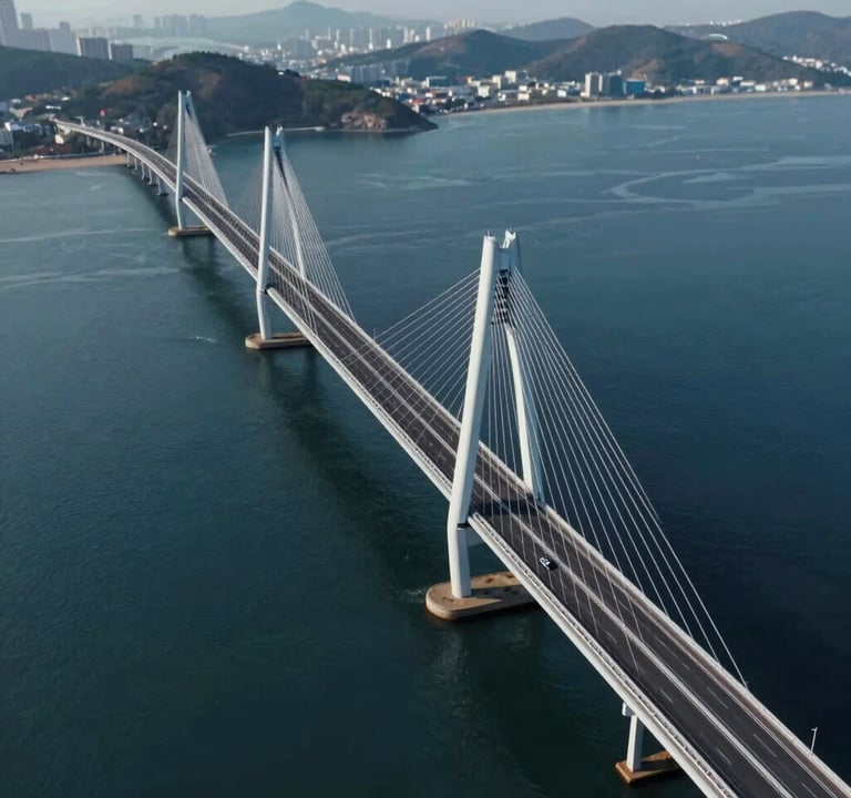 Cinematic drone view of a sleek, modern bridge stretching across a deep blue bay. Symmetrical composition, featuring cool tones of #415A77 and metallic highlights of #A0B0C0. High-end video production quality.