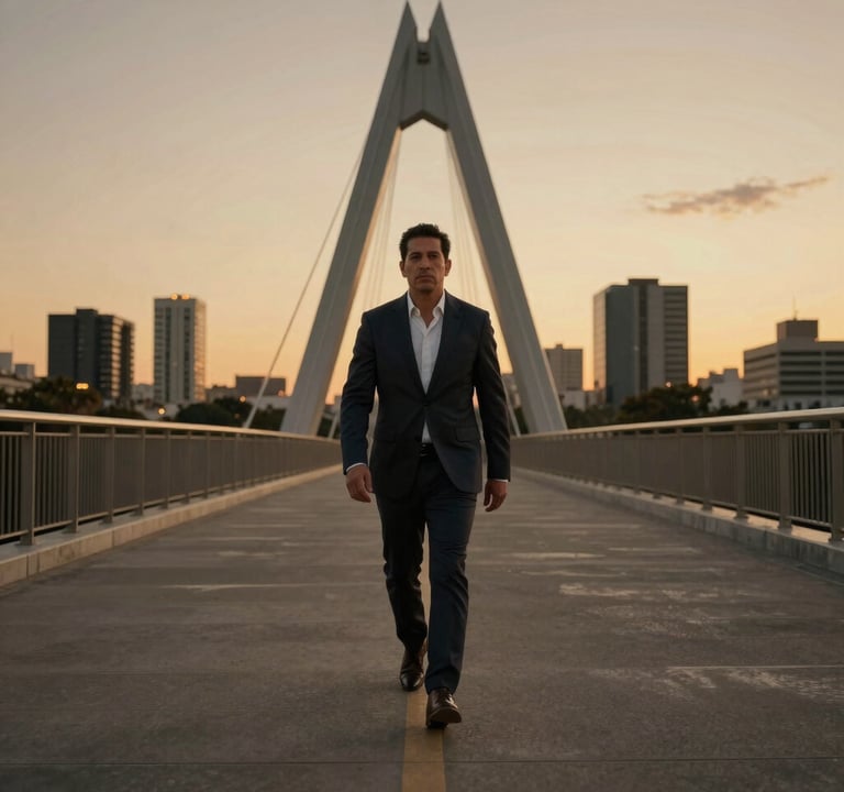 A wide shot of a Latinoamericano / Hispano person walking across a modern bridge with a cityscape background at dusk. The lighting is warm and golden. Sophisticated and aspirational mood with dark charcoal and taupe tones.