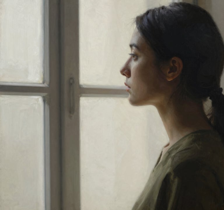 A high-end photograph of a figurative painting depicting a profile view of a person looking out a window. The palette consists of sophisticated off-white and deep charcoal shadows, with a touch of muted olive in the clothing. The style is minimalist and elegant.