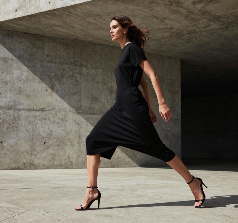 High-end fashion editorial shot in a modern Brazilian concrete environment. Dynamic movement, minimalist styling, professional studio lighting mixed with natural light. Focus on textures and high visual impact.
