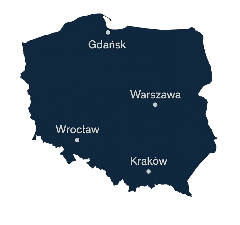 Mapa Polski z miastami Gdańsk, Warszawa, Kraków, Wrocław