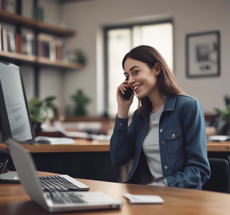 a woman sitting at a desk with a laptop and a computer