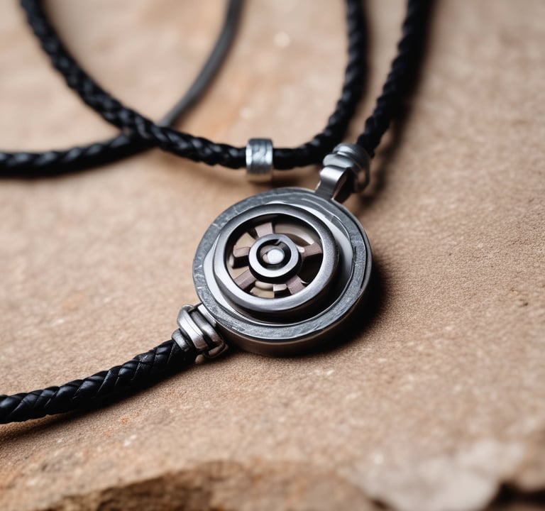 A sensual pendant necklace for men displayed on a leather surface