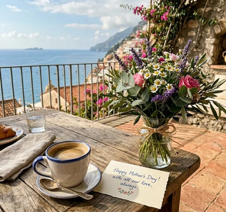 Mother's Day breakfast setup on a wooden terrace table with coffee, a bouquet of spring flowers and a greeting card.