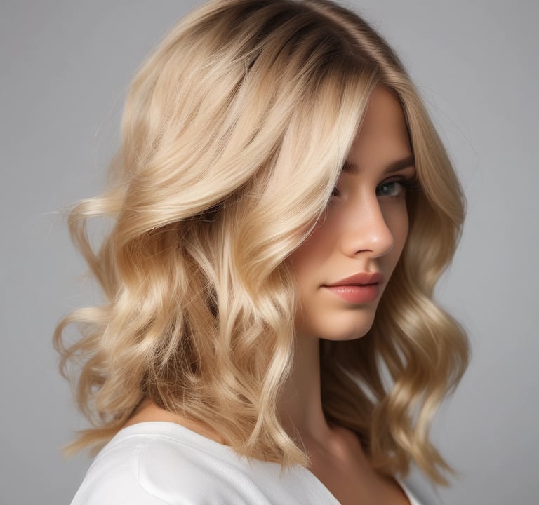A black and white photo of a modern hair salon with several people engaged in hair cutting and styling activities. The room has contemporary lighting fixtures and decorative elements, including a painting of Buddha and small statues. The salon has a polished tile floor and various salon equipment such as a barber chair and a cart.