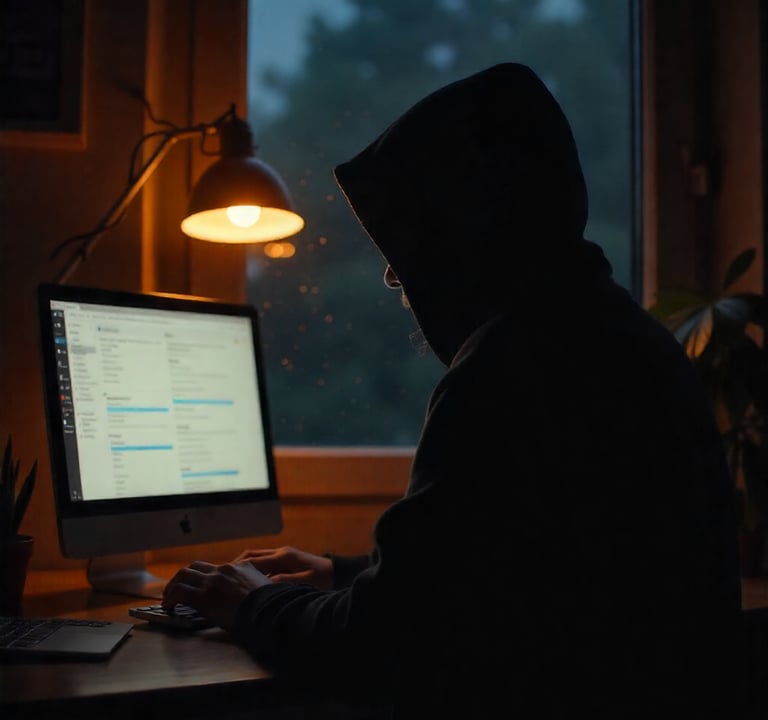 imagem de uma pessoa com capuz de costa mexendo no seu computador que esta com a tela aberta em um s