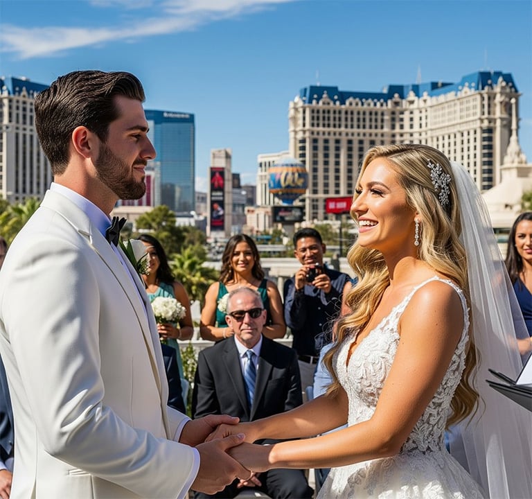 a bride and groom holding hands in front of a wedding ceremony
