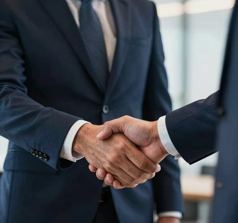 An artistic close-up of two professionals shaking hands in a high-end South American / Brazilian business environment. The lighting is warm and professional. Tones of dark navy blue and soft blue grey dominate the composition, emphasizing trust and agreement.