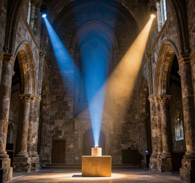 A striking photograph of an experimental light sculpture located inside an old Northern European / Welsh / British stone chapel. Beams of Slate Blue and Warm Ochre light cut through the air, creating a visually stimulating contrast between the ancient architecture and the new artistic perspective.