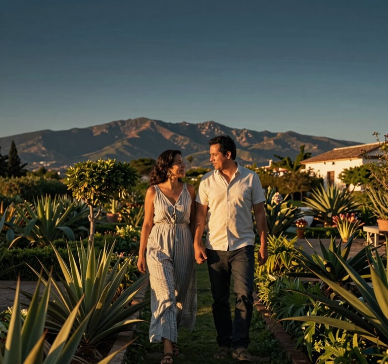 A panoramic photograph of a Hispanic / Spanish-speaking couple walking through a lush Mediterranean garden at sunset. The lighting is golden and warm, with a background of distant mountains and dark blue sky.