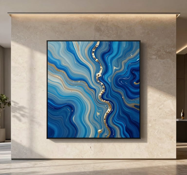A wide-angle interior photograph of the Azure Flow resin painting displayed prominently on a minimalist stone wall in a luxury International / Global home. The afternoon sun creates soft shadows and highlights the glossy texture of the piece.